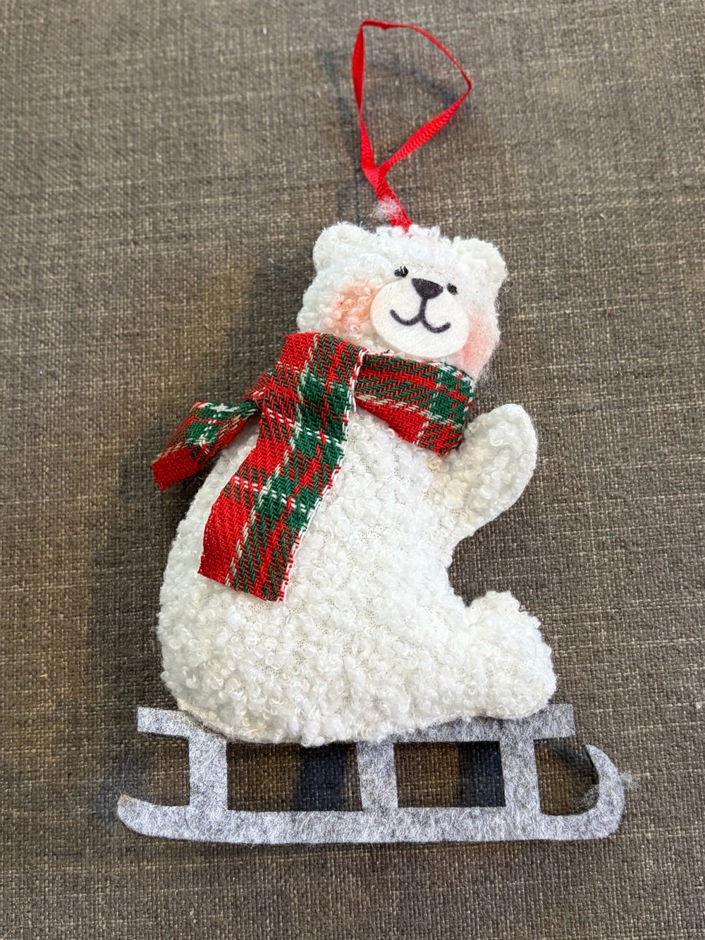 Plush White Polar Bear on Sled Christmas Ornament Plaid Scarf
